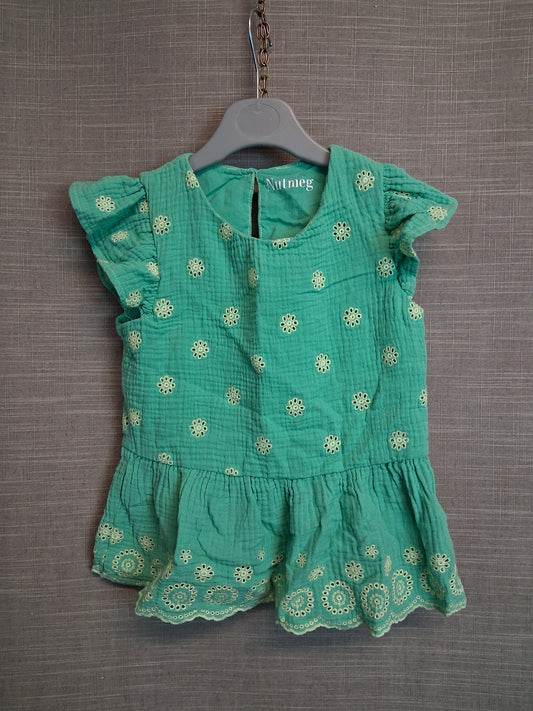 Nutmeg Girls Green Floral Peplum Top Cap Sleeve Age 6-7 Years