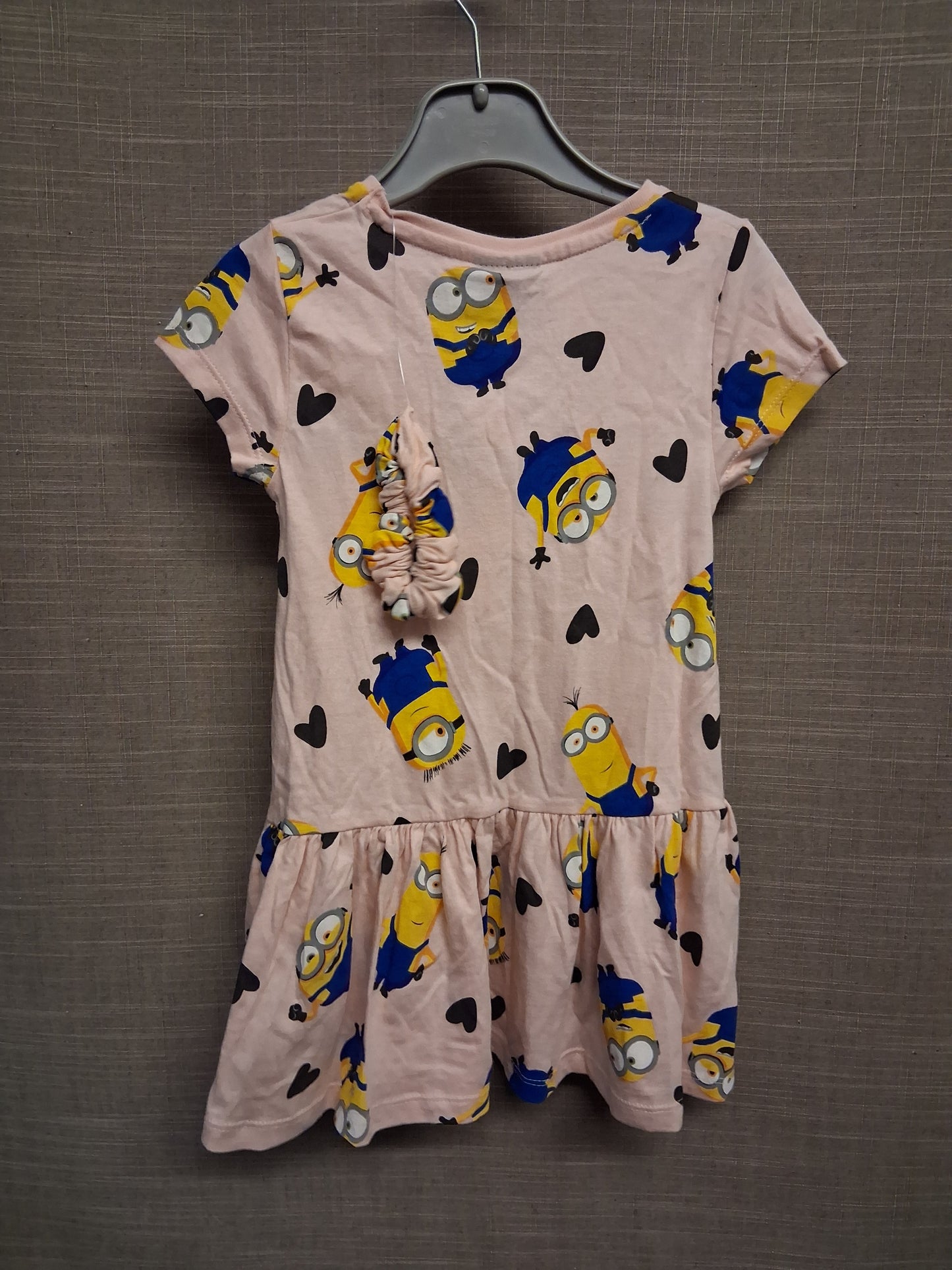 F&F Girls Pink Minion T-Shirt Dress Short Sleeve Matching Hair Scrunchie Age 2-3 Years New