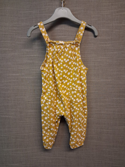 Next Girls Jersey Mustard Yellow Spotty Dungarees Romper Age 3-6 Months