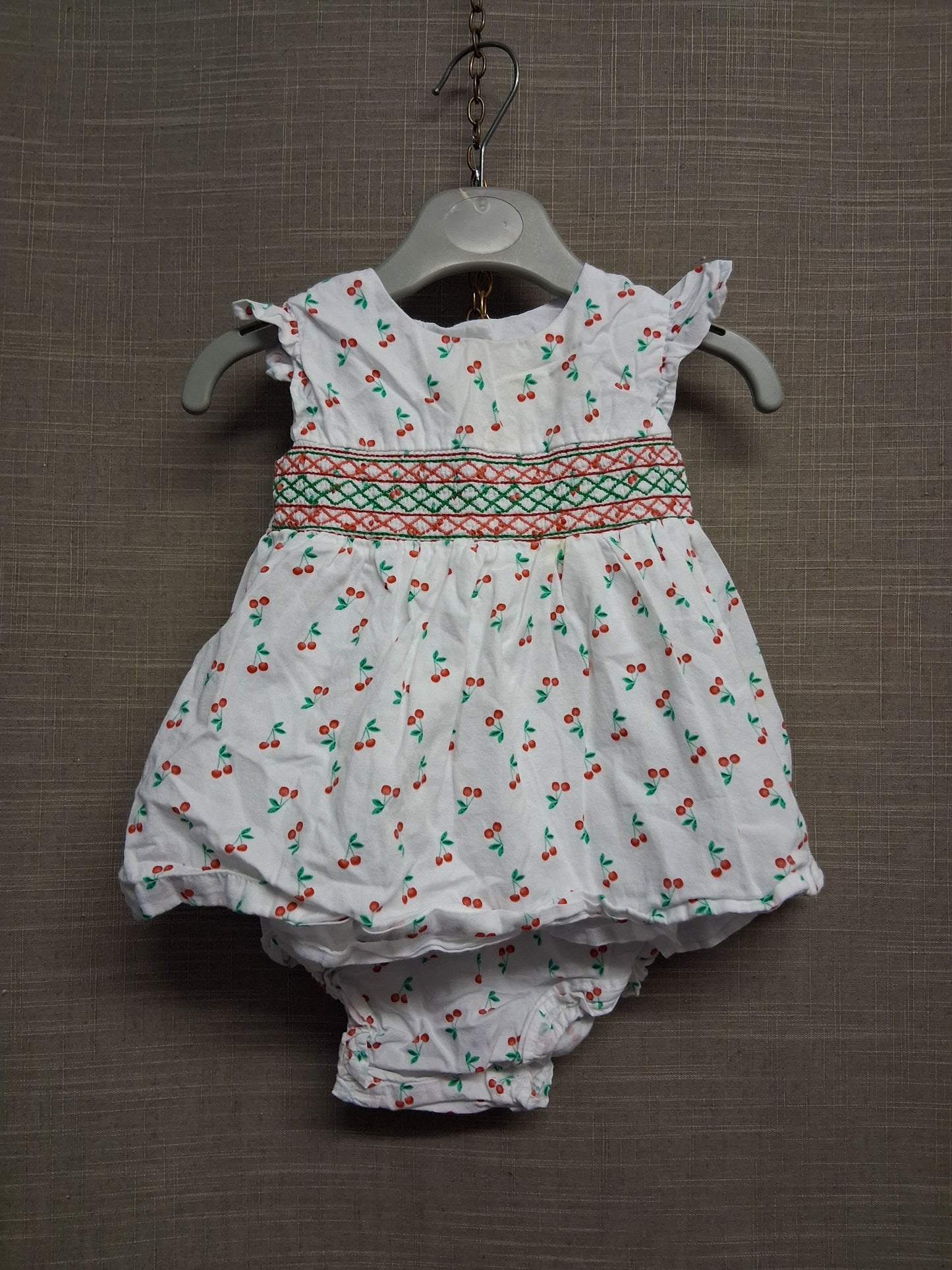Matalan Girls White Cherry Print Smock Dress With matching briefs Age 0-3 Months