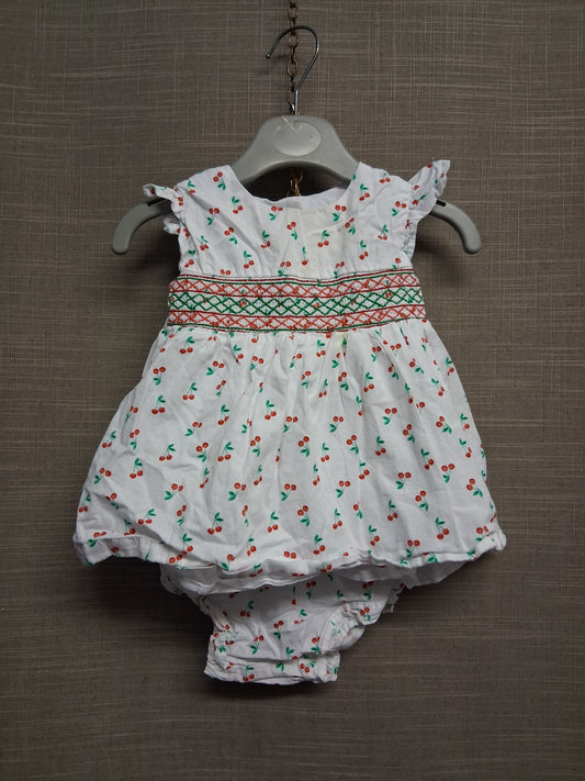 Matalan Girls White Cherry Print Smock Dress With matching briefs Age 0-3 Months