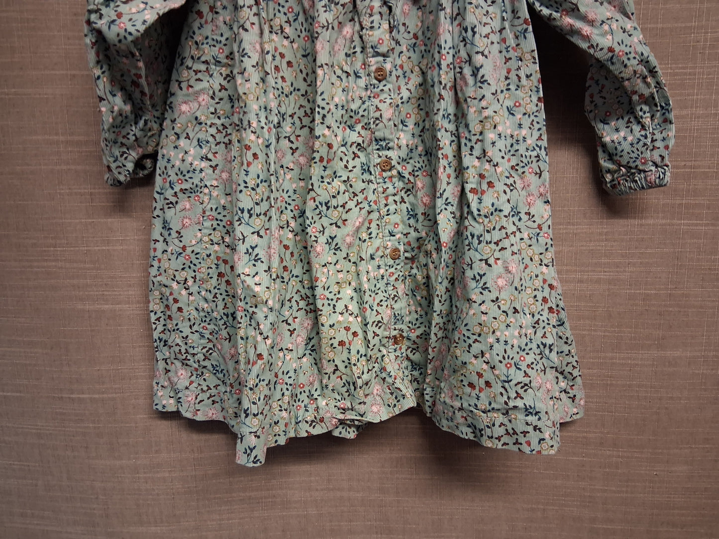 Next Girls Green Floral Corduroy Long Sleeve Shirt Dress Age 3-4 Years