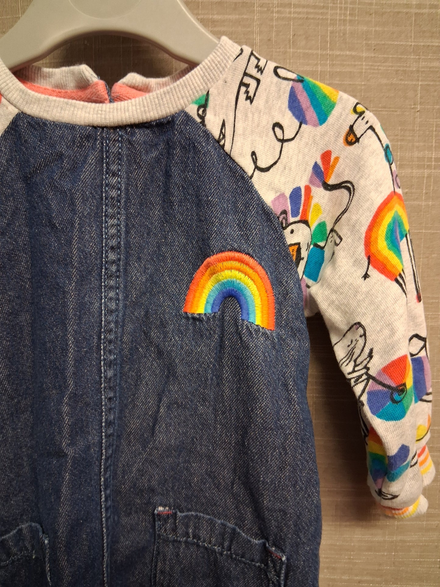 Next Girls Denim Jumper Dress Rainbow Detail Age 9-12 Months