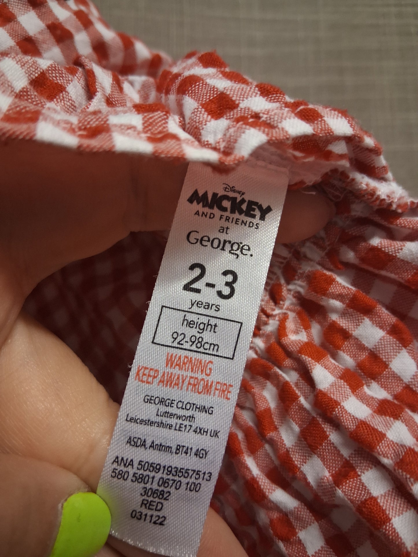 George Disney Minnie & Mickey Mouse Gingham 2 Piece Outfit Age 2-3 Years