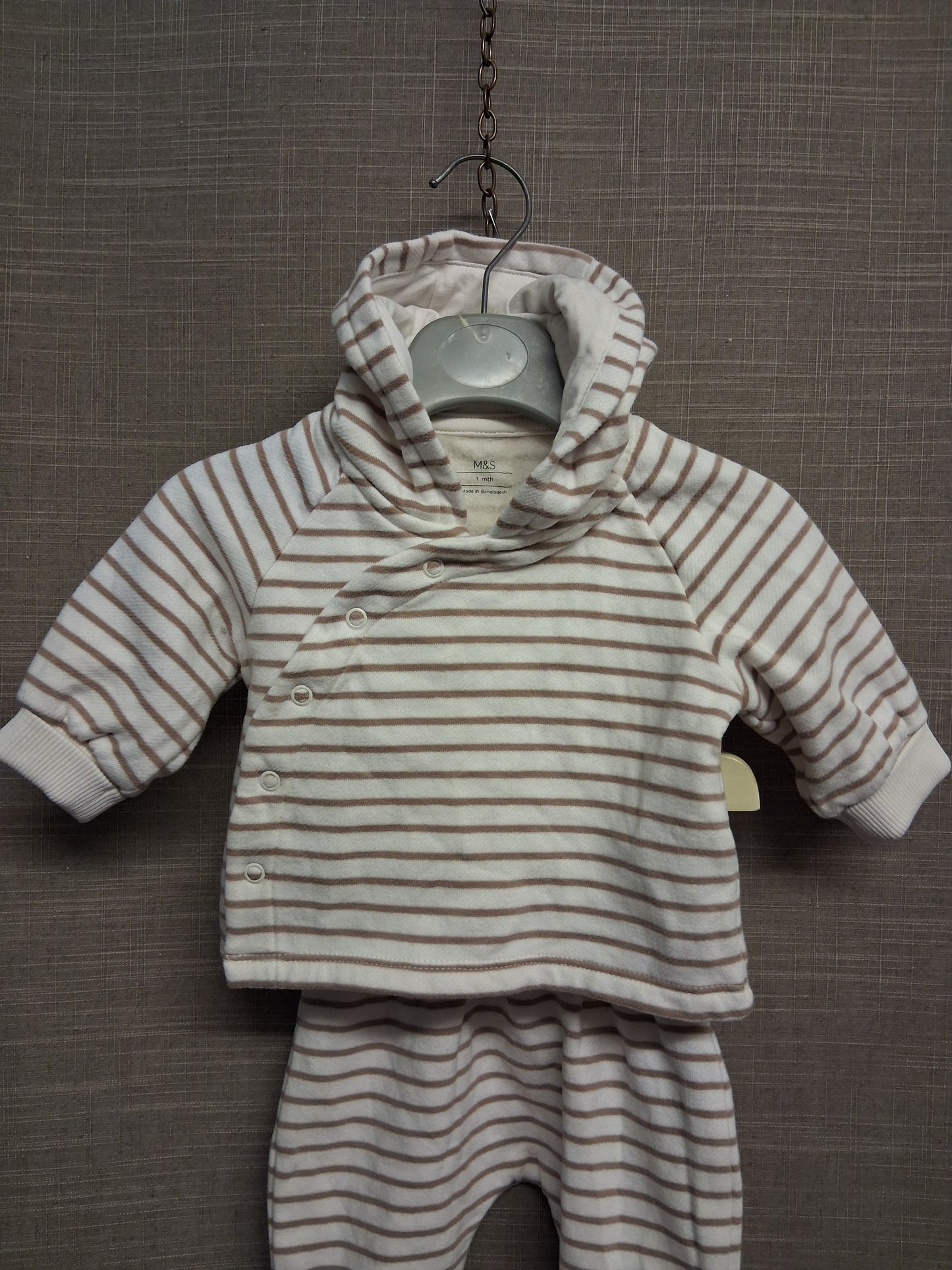 Marks and Spencers Beige Brown striped 2 piece outfit set Hoodie & Joggers Age up to 1 month
