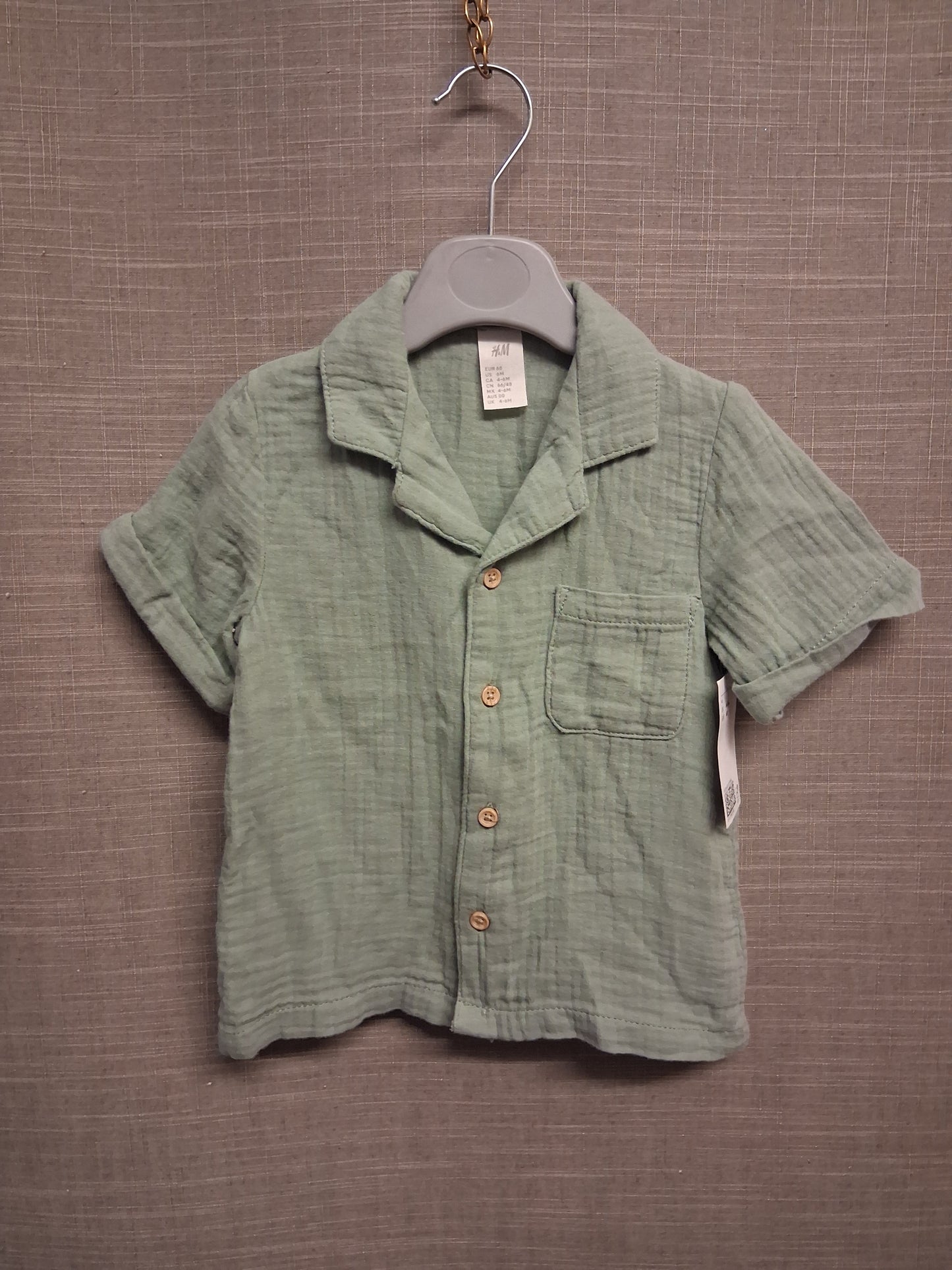 H&M Boys Green Short Sleeve Shirt Cheesecloth Summer Age 4-6 Months New Loose Fit