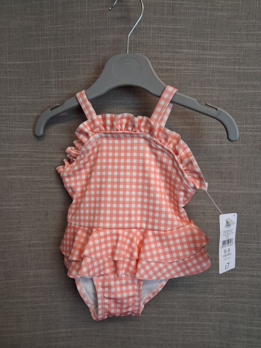 Nutmeg Girls Peach Check Swimsuit One Piece Age 6-9 Months New