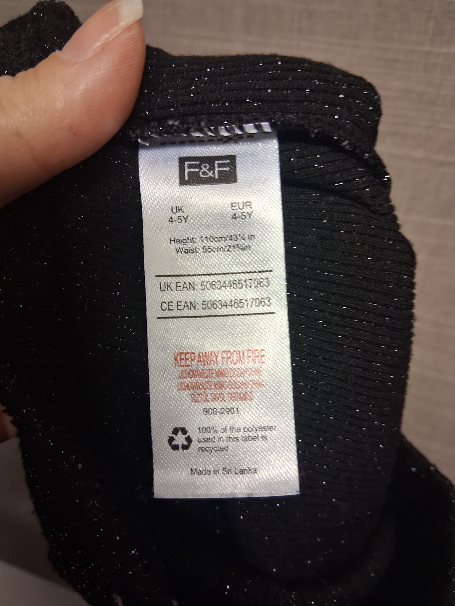 F&F Girls Black Bootcut Sparkly Leggings Age 4-5 Years