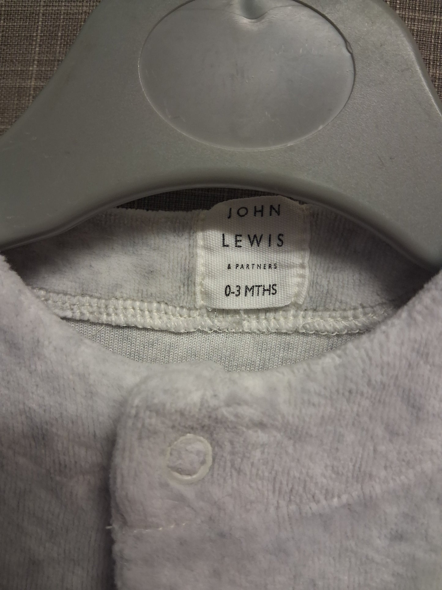 John Lewis Unisex Grey Velour Bunny Sleepsuit Romper Age 0-3 Months