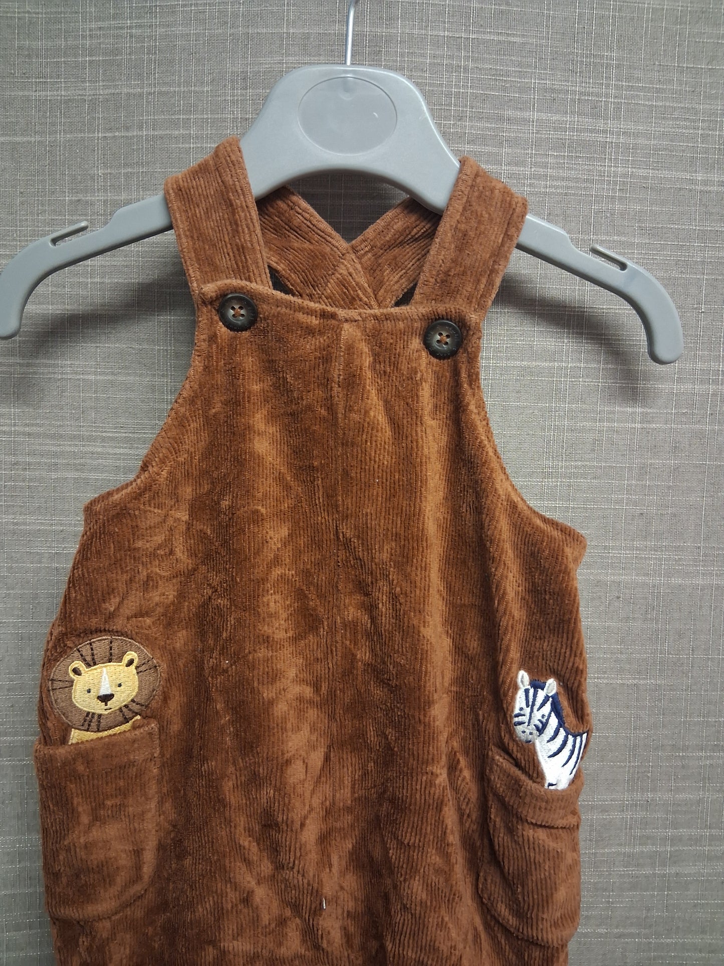 JoJo Maman Bebe Brown Velour Corduroy Dungarees Embroidered Animal Pockets Age 3-6 Months