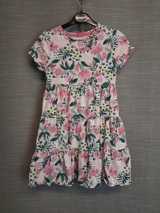 F&F Girls Pink Floral Tiered Jersey Dress Age 6-7 Years