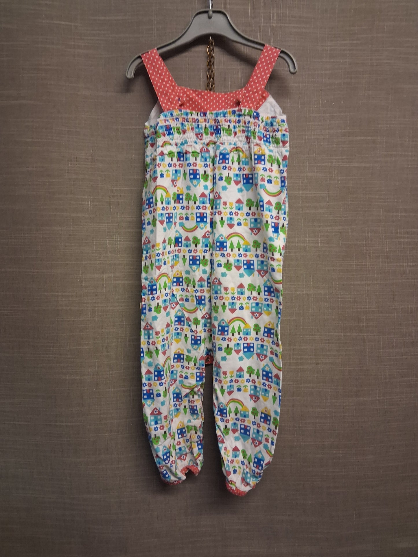 Frugi Girls Orangic Cotton Dungarees Multicolour House Print Age 2-3 Years