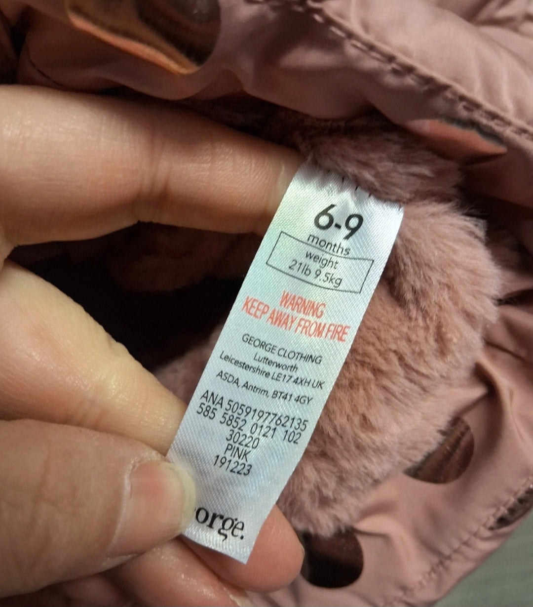 George Girls Blush Pink Gold Spots Padded Coat Plush Lined Age 6-9 Months