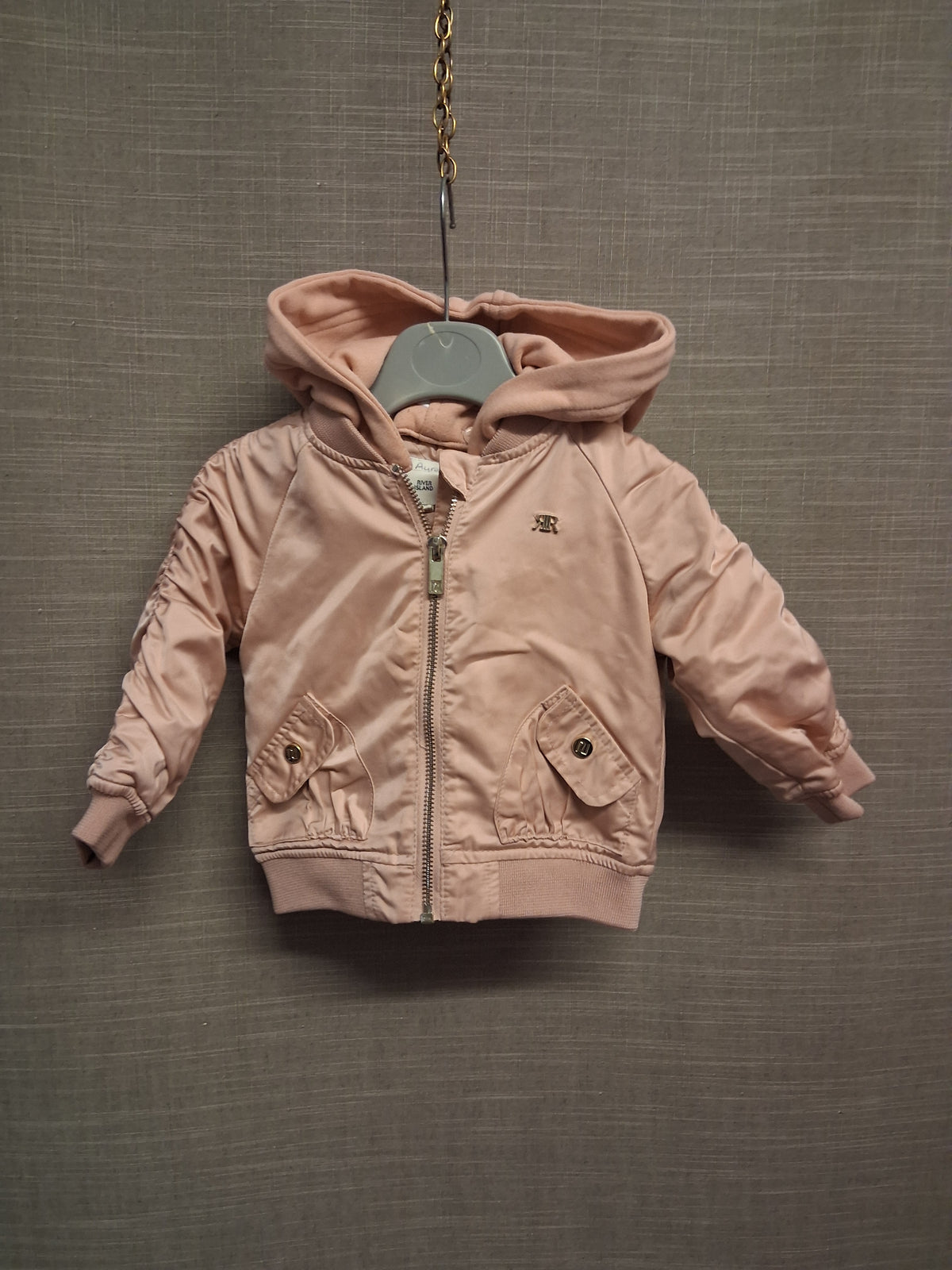 River Island Blush Pink Bomber Jacket Coat with Hood Age 6-9 Months