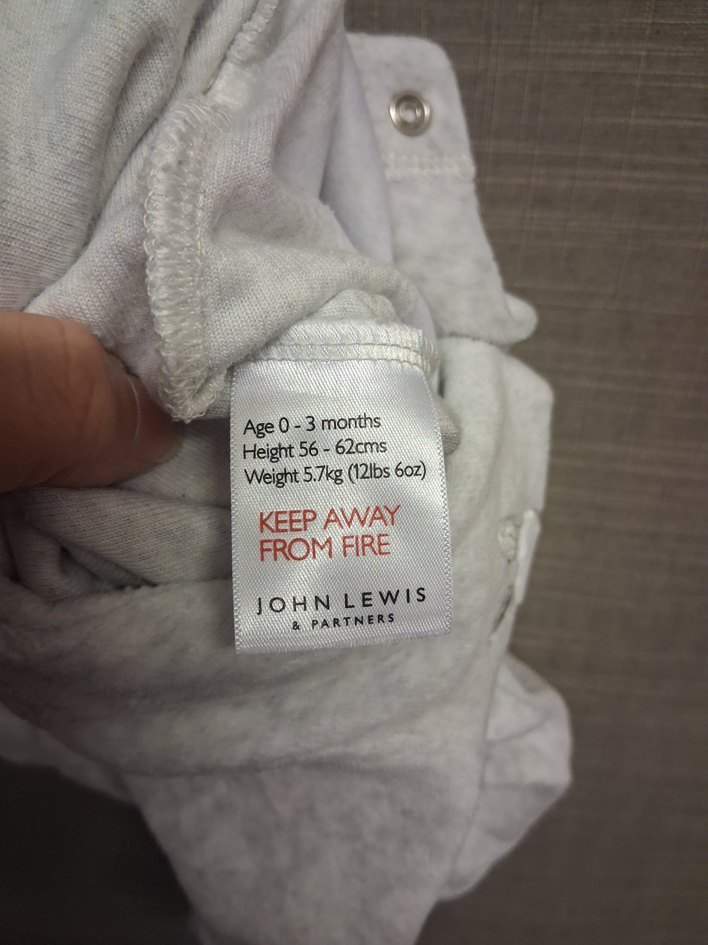 John Lewis Unisex Grey Velour Bunny Sleepsuit Romper Age 0-3 Months