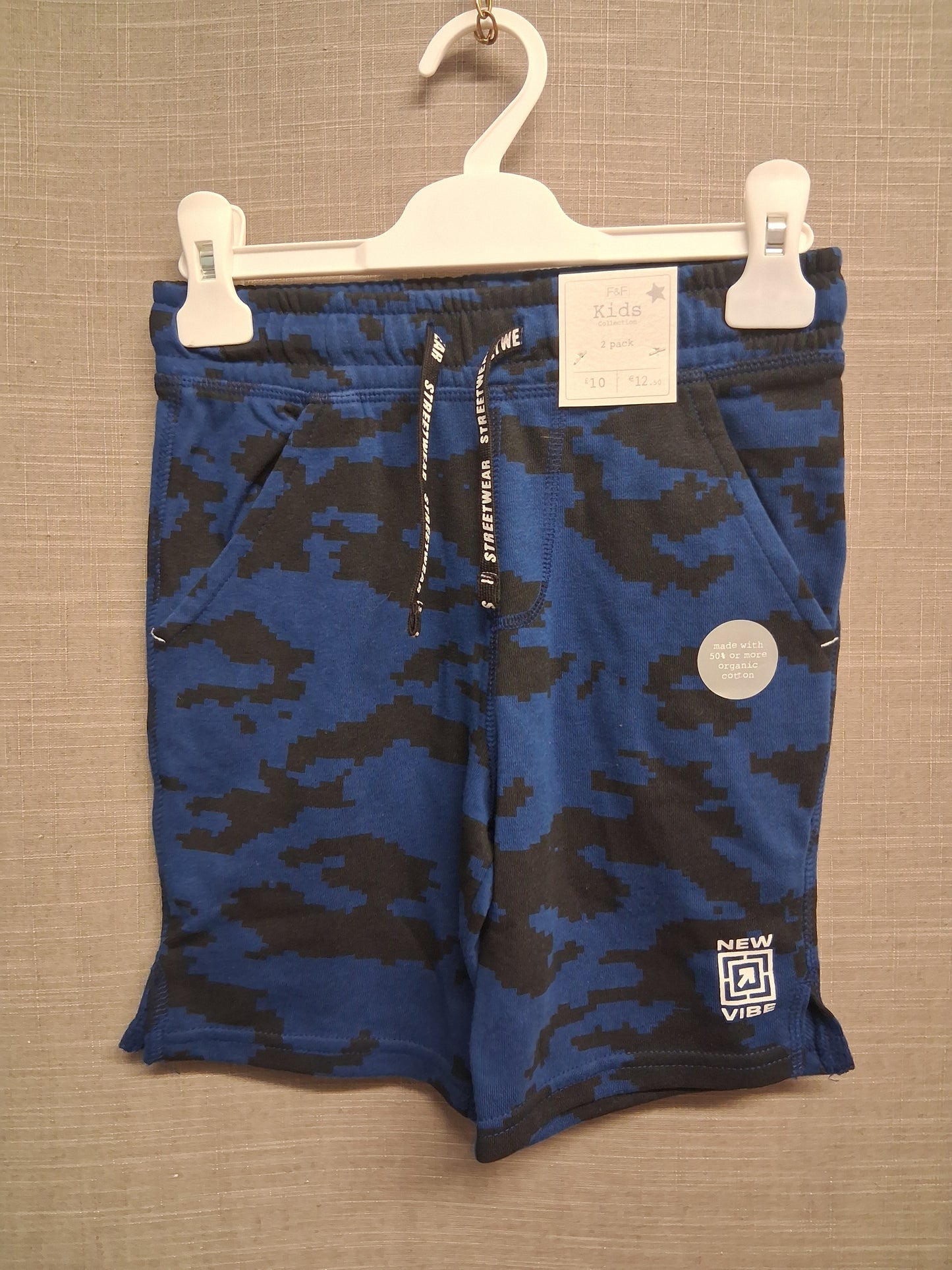F&F Boys Blue Camouflage Print Jersey Jogger Shorts Age 6-7 Years