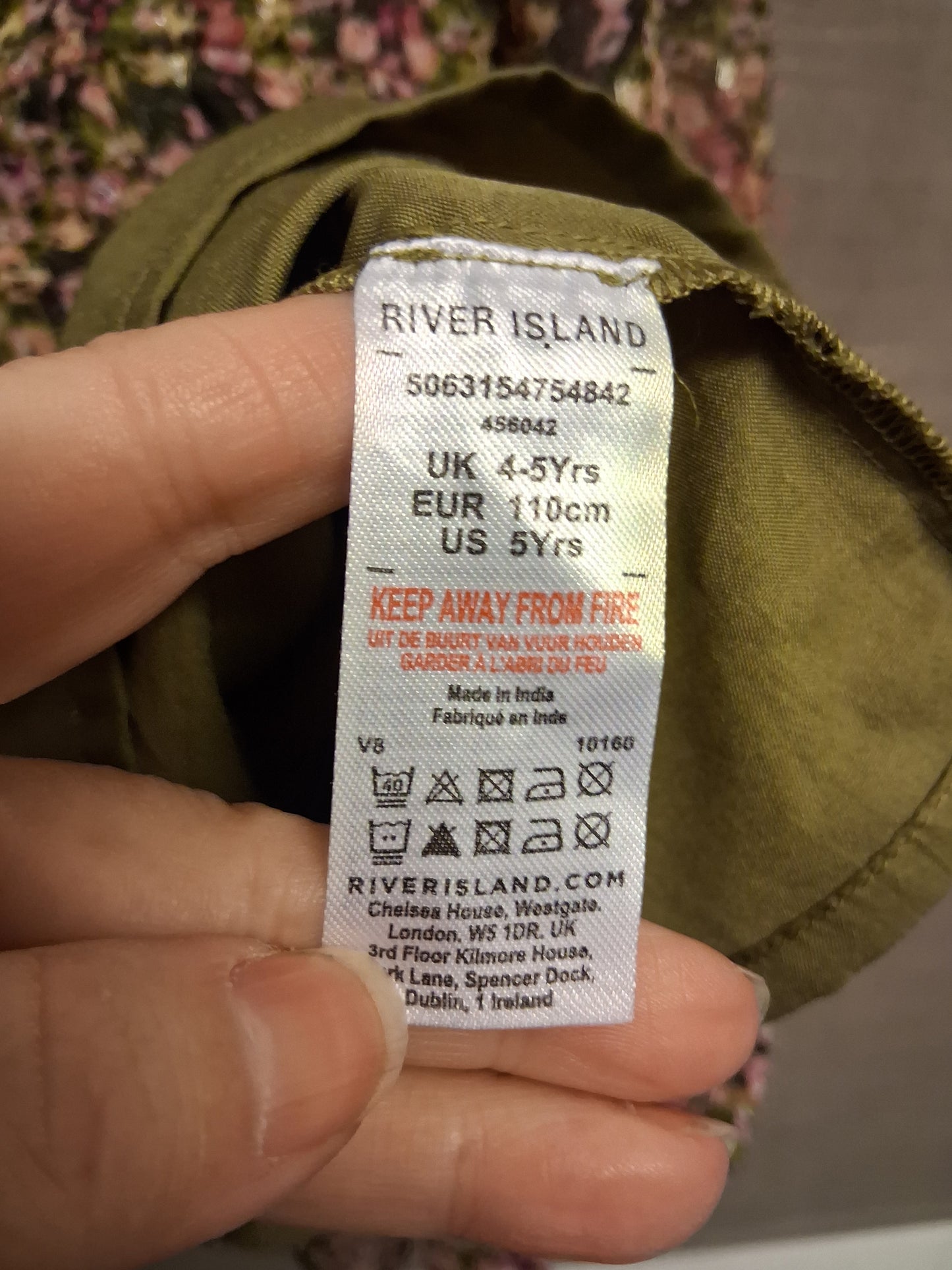 River Island Girls Green Floral Sheer Sleeve Dress Age 4-5 Years