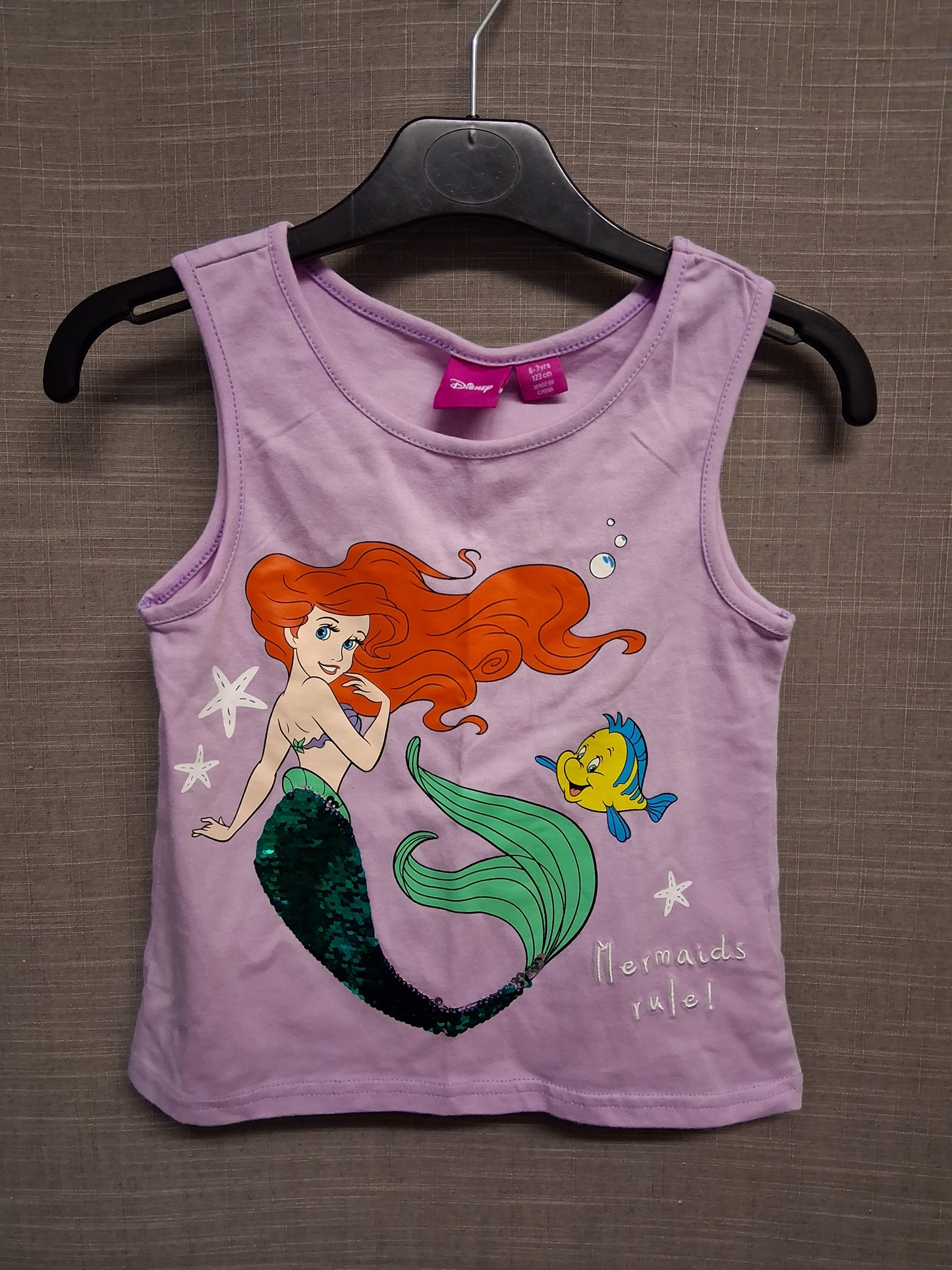 Primark Disney Princess Ariel Tank Vest Top Lilac 2 Way Sequin Age 6-7 Years