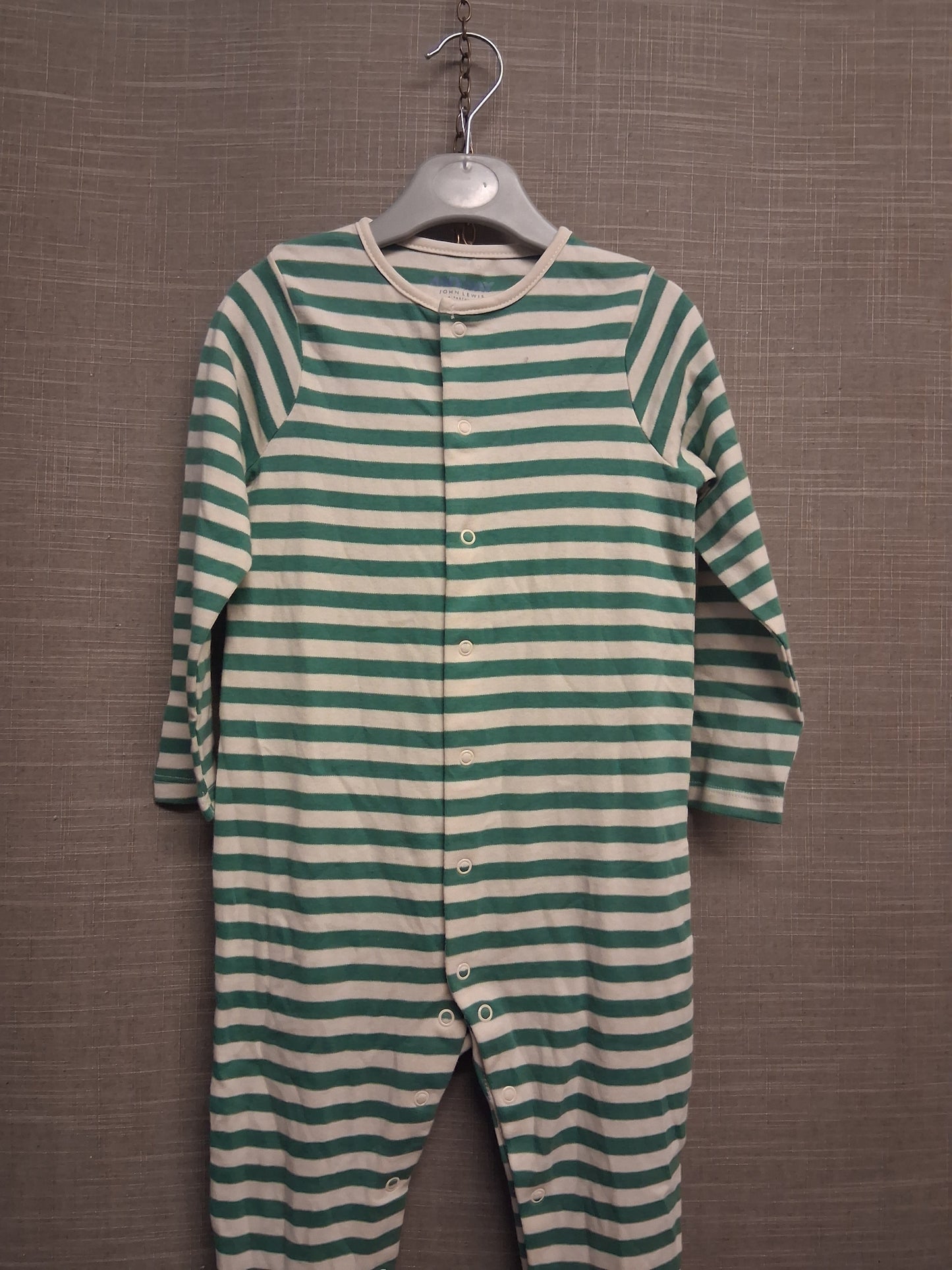 John Lewis Sleepsuit Boys Green Cream Striped Age 18-24 Months