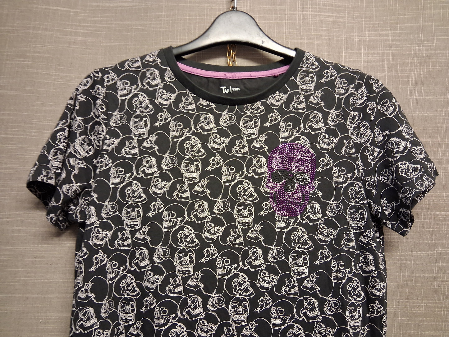 TU Black Grey Skull Print Short Sleeve T-Shirt Diamante Detail Age 13 Years