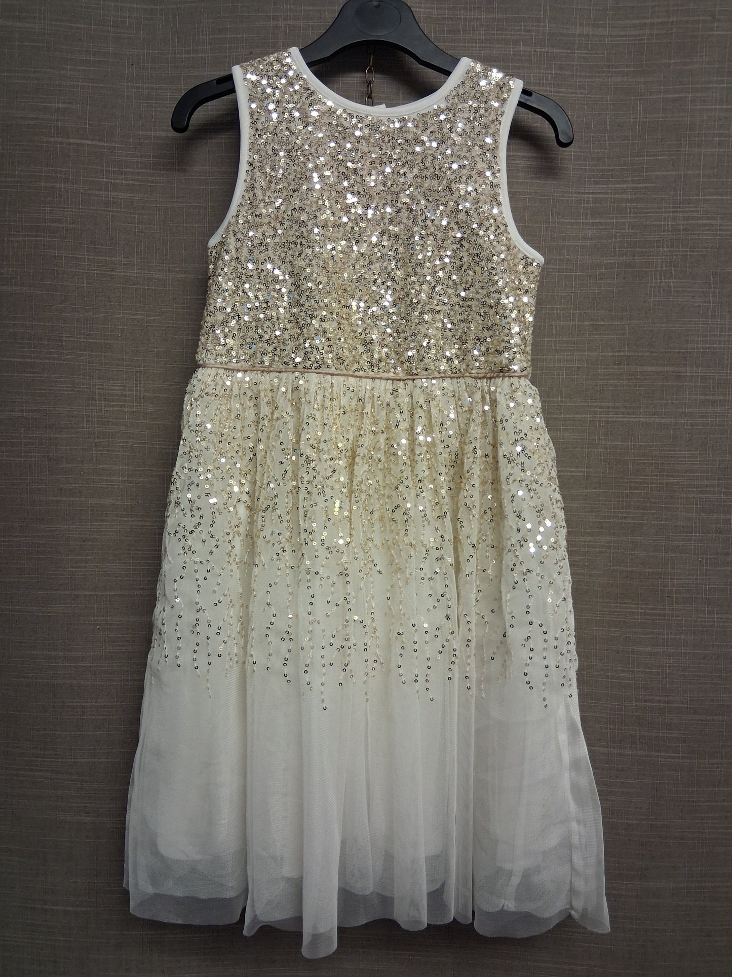 Primark Girls Cream Gold Sparkly Sequin Sleeveless Party Dress Age 7-8 Years