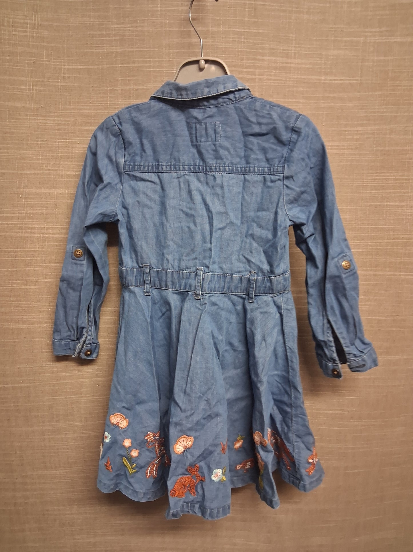 Manatary Girls A Line Denim Dress Blue Long Sleeve Floral Embroidered Trim Age 2-3 Years