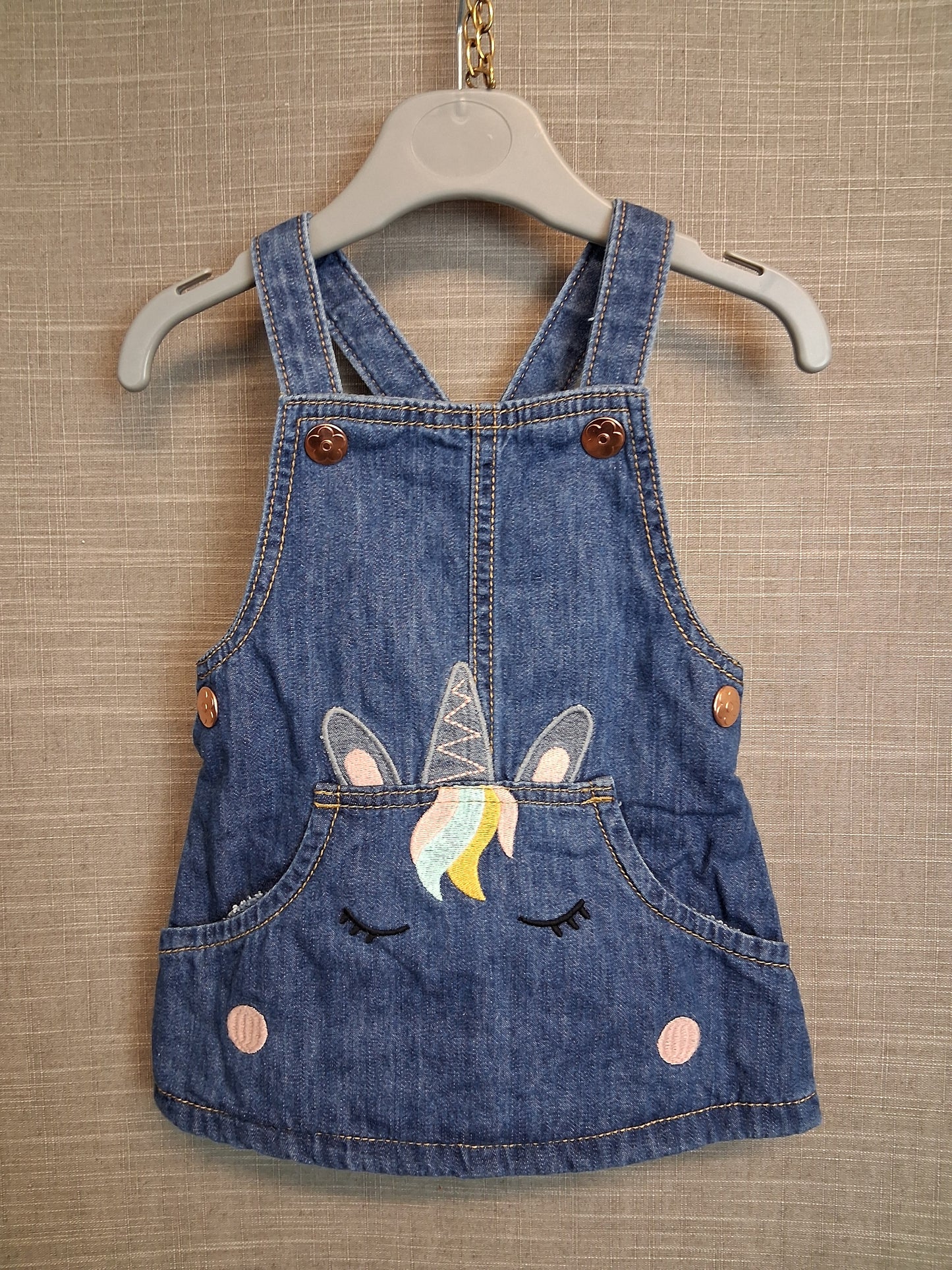 F&F Girls Denim Pinafore Dress Unicorn Theme Age 6-9 Months