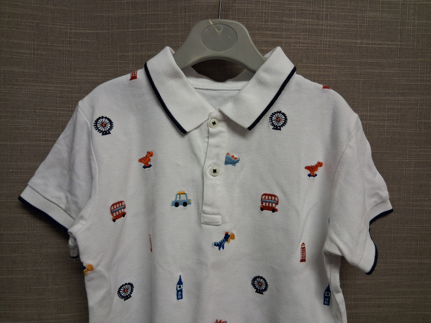 Next Boys White Short Sleeve Polo T-Shirt Embroidered Vehicles Age 5-6 Years