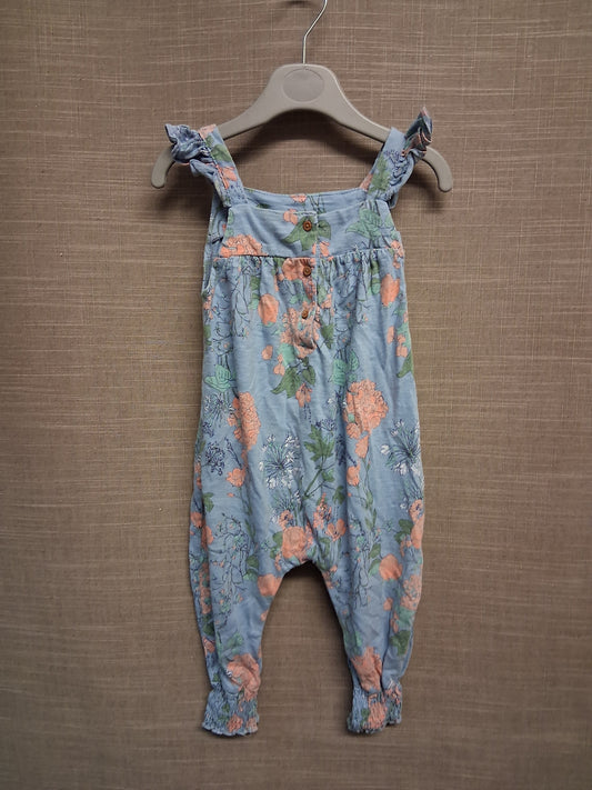 Next Girls Blue Floral Jersey Dungaree Rompers Age 12-18 Months