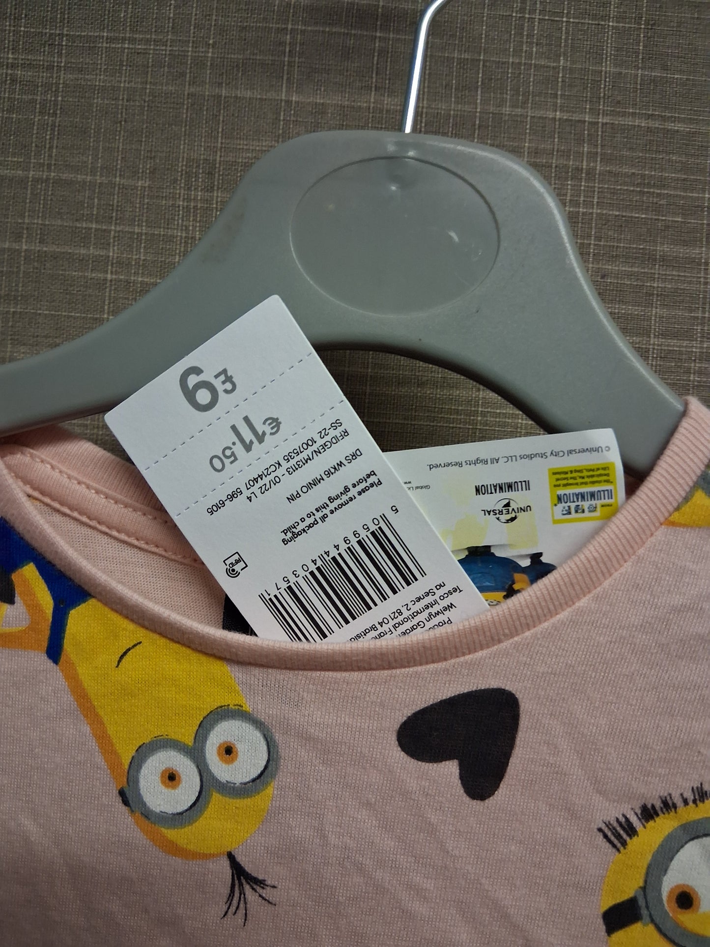 F&F Girls Pink Minion T-Shirt Dress Short Sleeve Matching Hair Scrunchie Age 2-3 Years New