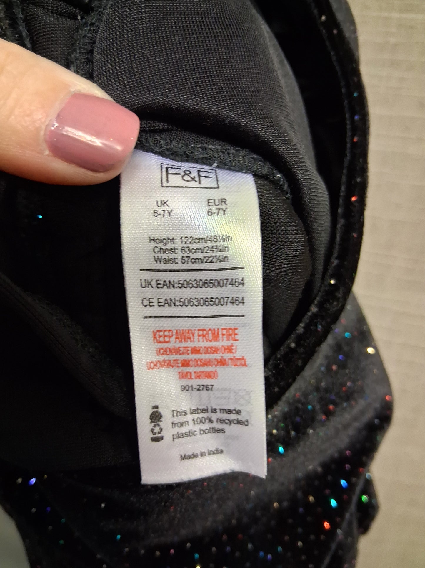 F&F Black Velour Sparkly Jumpsuit Age 6-7 Years