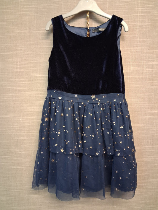 George Girls Party Dress Velour Tiered Sleeveless Navy Blue Age 6-7 years
