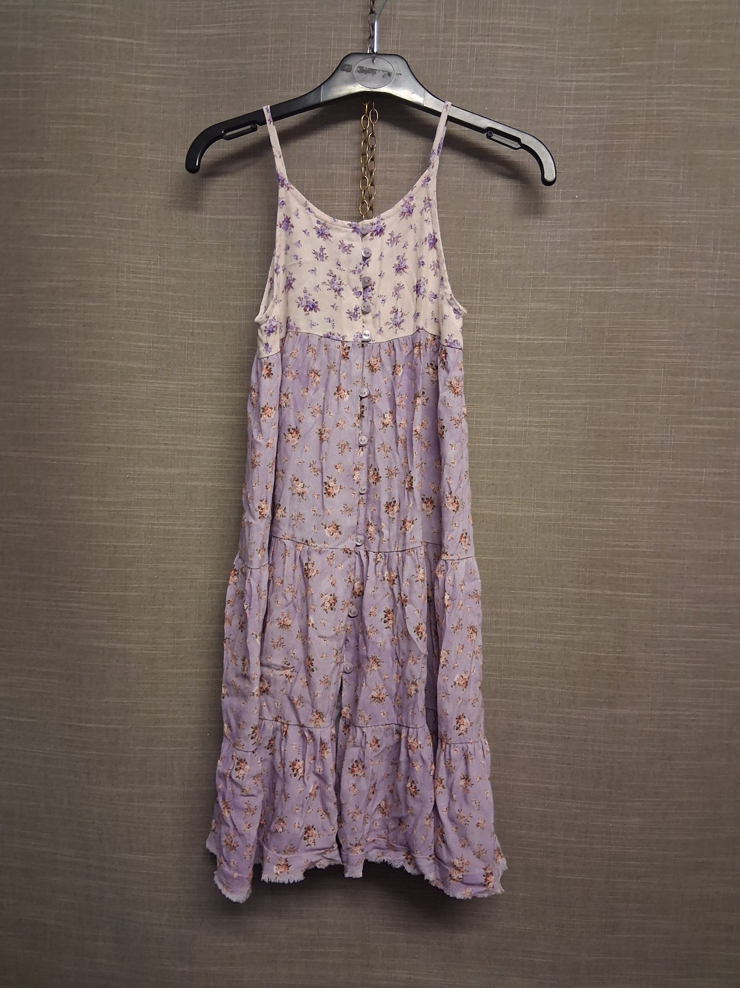 Zara Girls Purple Cream Floral Tiered Long Dress Frayed Hem Age 7 Years