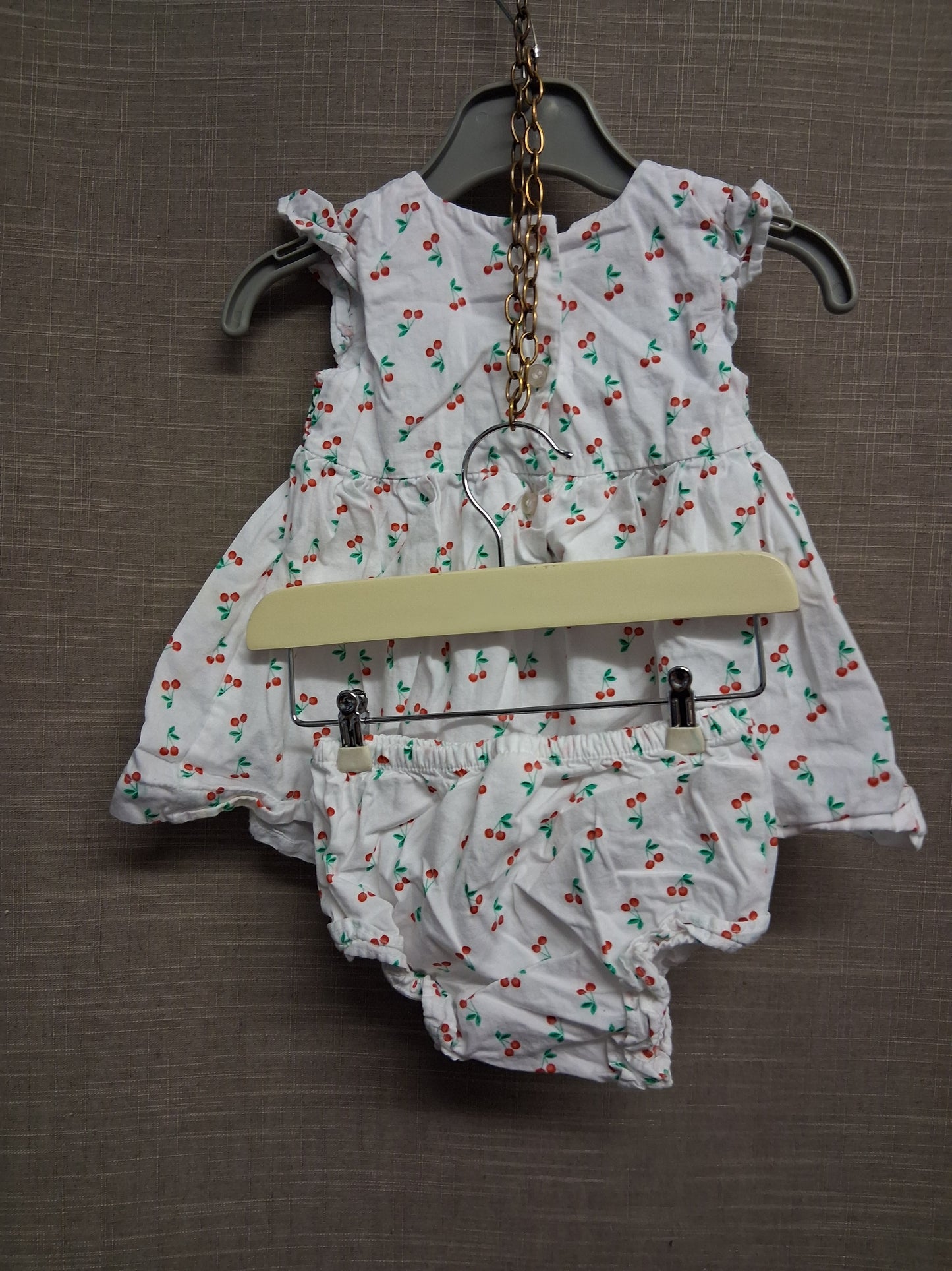 Matalan Girls White Cherry Print Smock Dress With matching briefs Age 0-3 Months