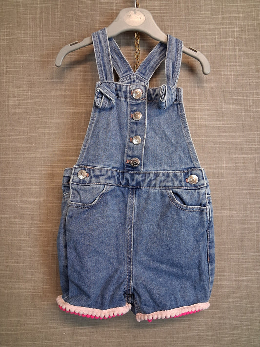 Matalan Girls Blue Denim Dungaree Shorts Age 4 Years Pom Pom Trim