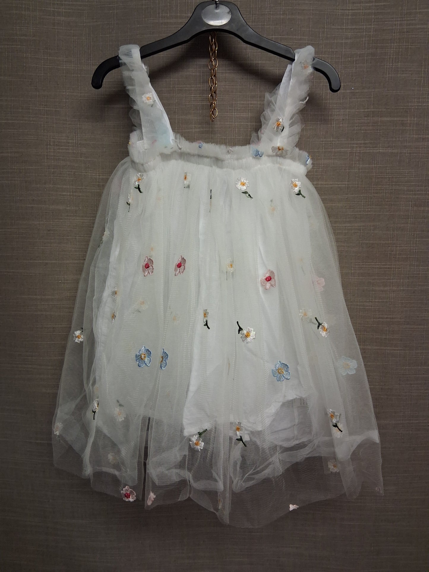 Shein White Mesh Summer Dress Embroidered Flowers Age 7-8  Years