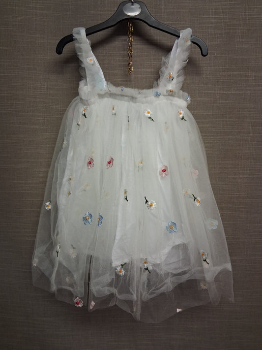 Shein White Mesh Summer Dress Embroidered Flowers Age 7-8  Years