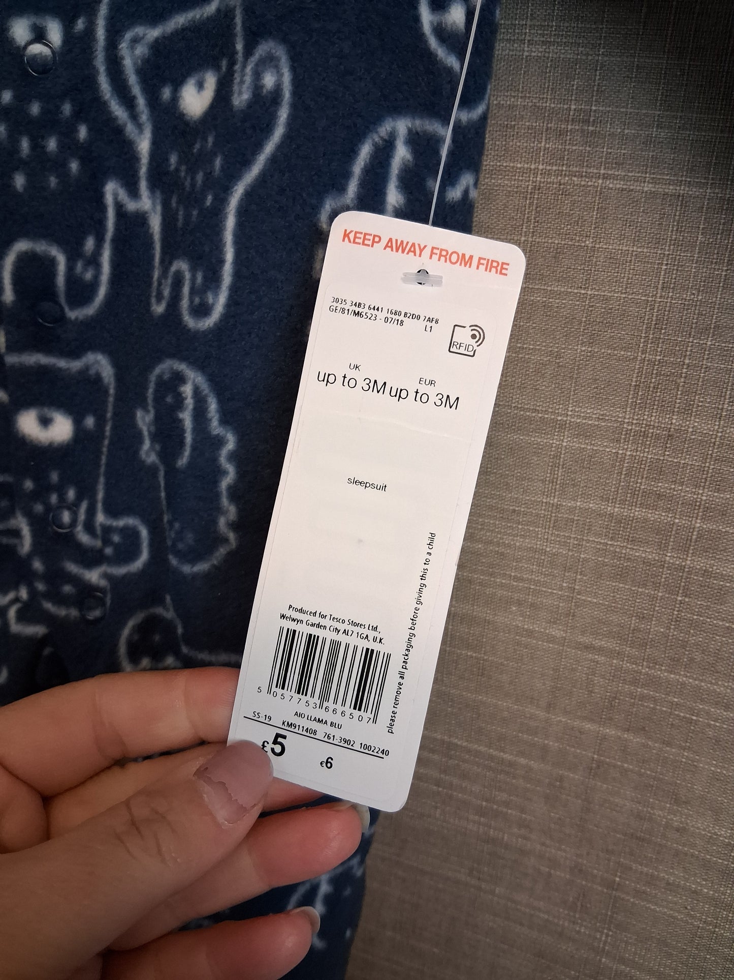 F&F Boys Blue Bear Print Fleece Sleepsuit Age 0-3 Months New