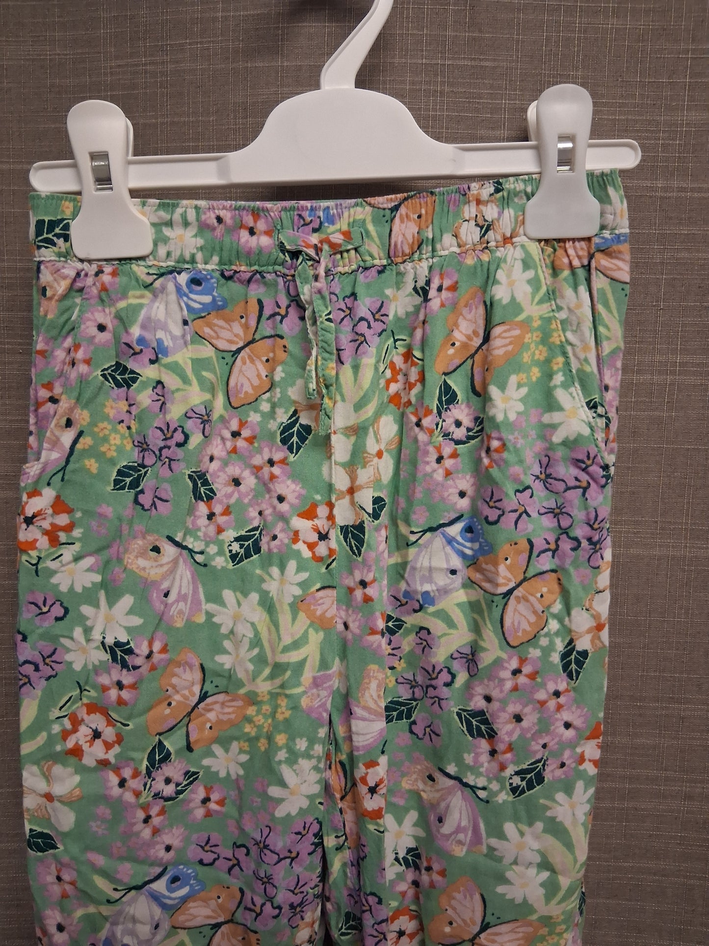 H&M Girls Green Floral Summer Trousers With Pockets Age 7-8 Years