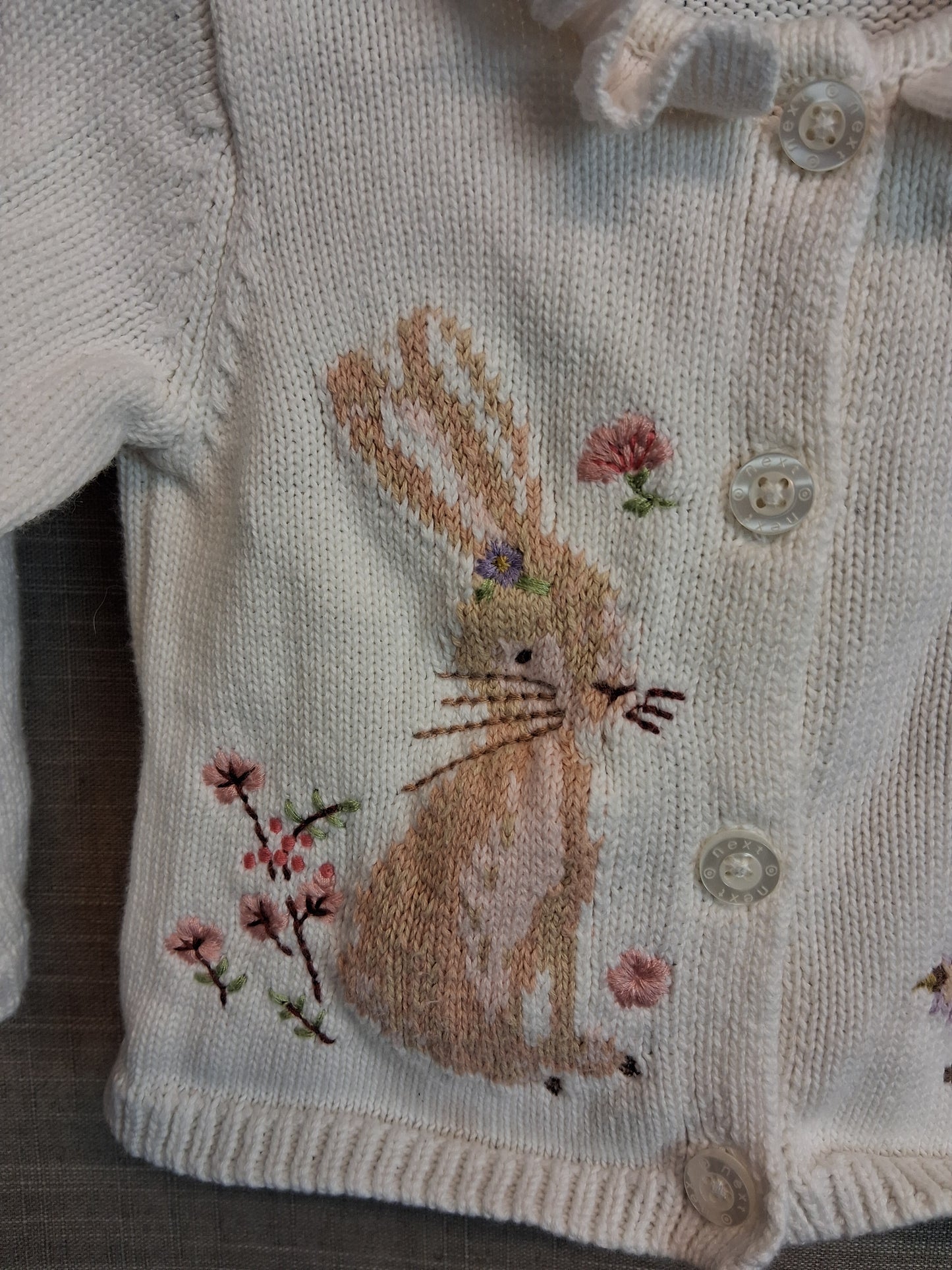 Next Girls Cotton Knitted Bunny Theme Cardigan Age 0-3 Months