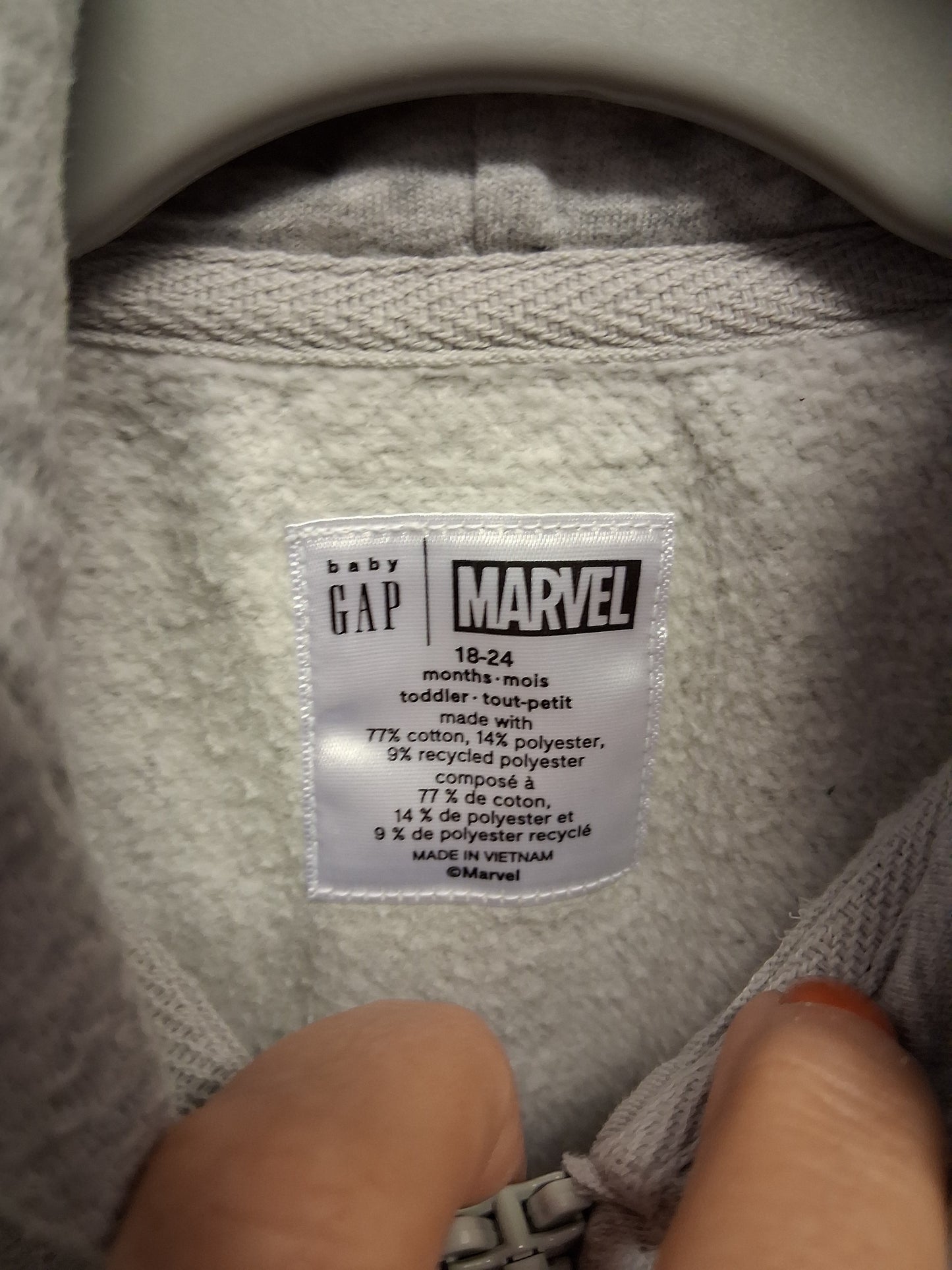 GAP Marvel Spiderman Grey Full Zip Hoodie Age 18-24 Months