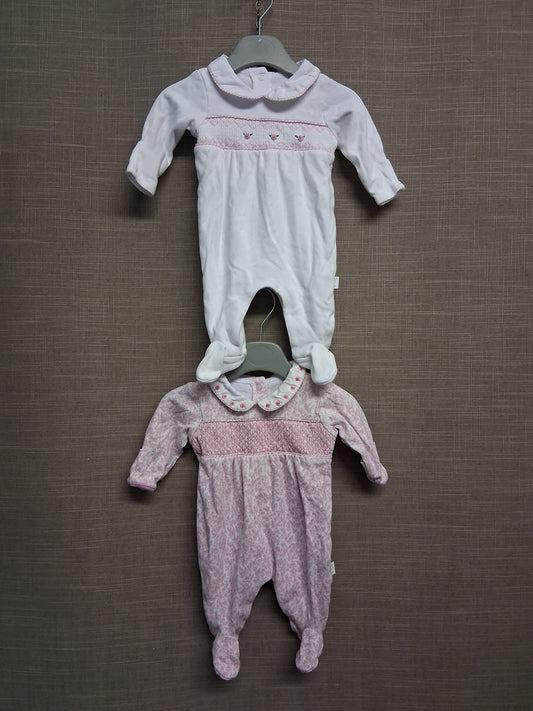 Jojo Maman Bebe Girls 2 Traditional Sleepsuit Smocked Pink White Floral Age Newborn