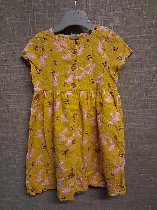 Next Girls Mustard Yellow Rabbits Cap Sleeve A Line Dress Age 2-3 Years