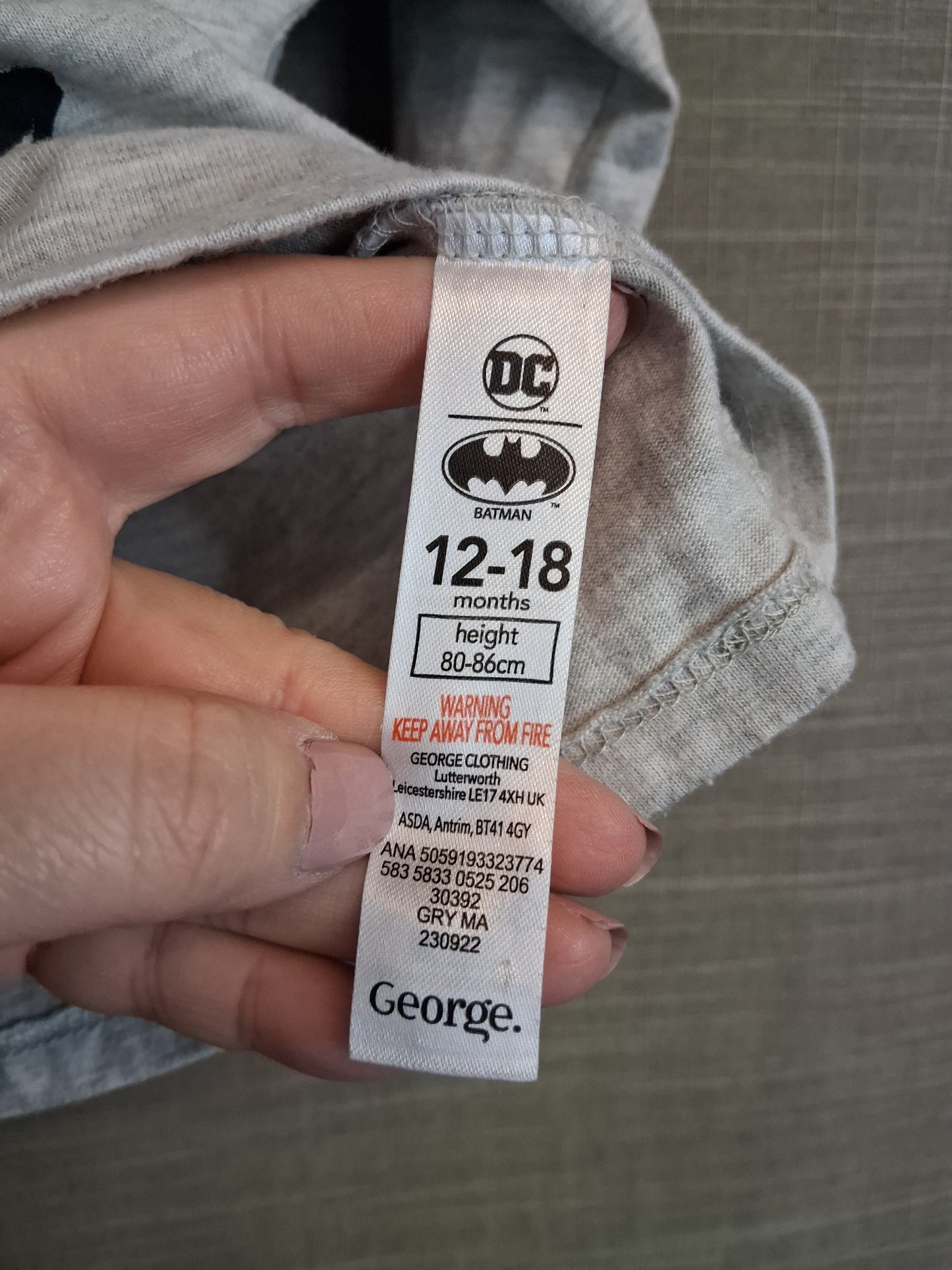 George Batman Theme Long Sleeve T-Shirt Grey Age 12-18 Months