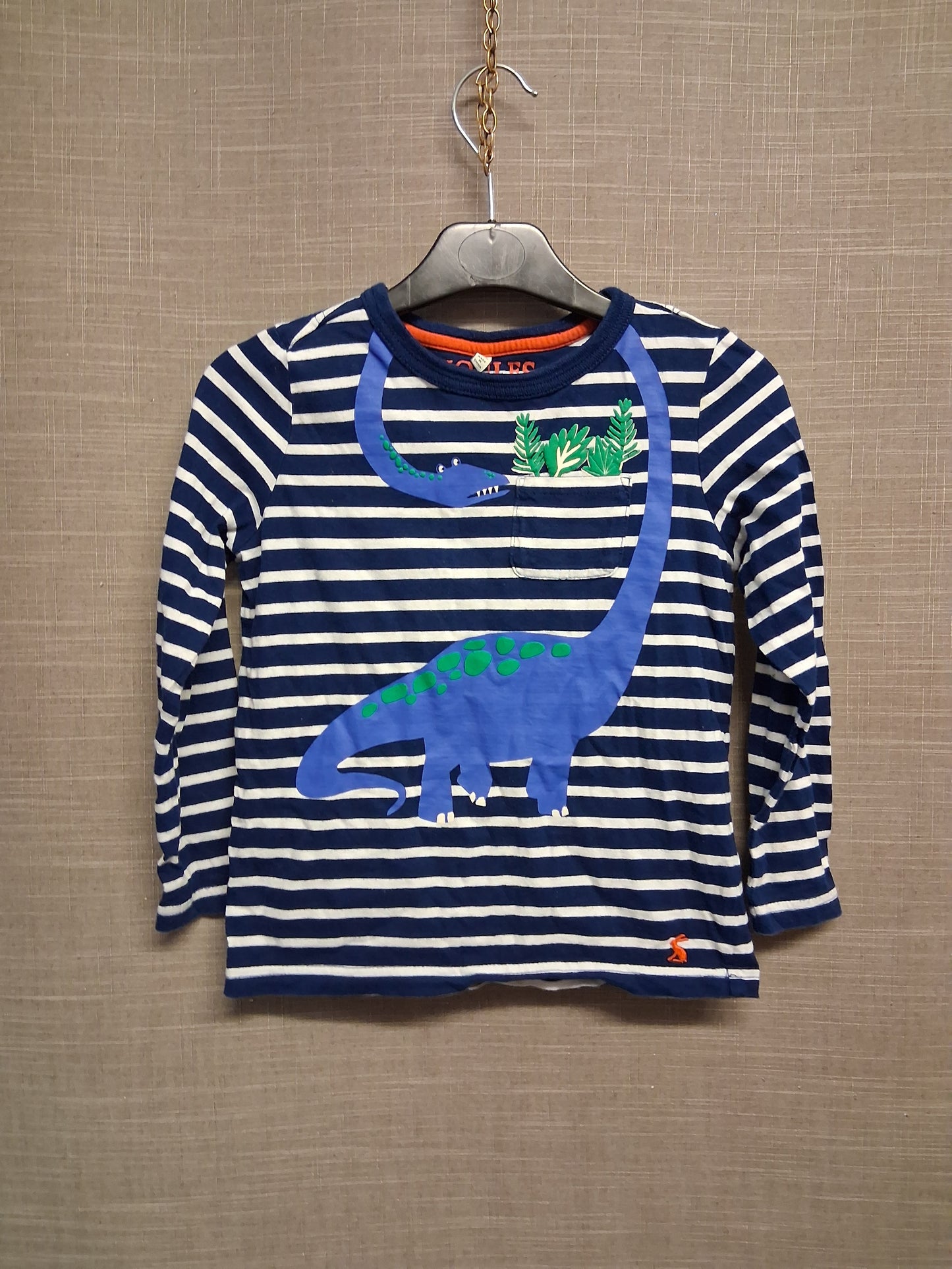 Joules Boys Striped Blue White Long Sleeve T-Shirt Dinosaur Theme Age 6 Years