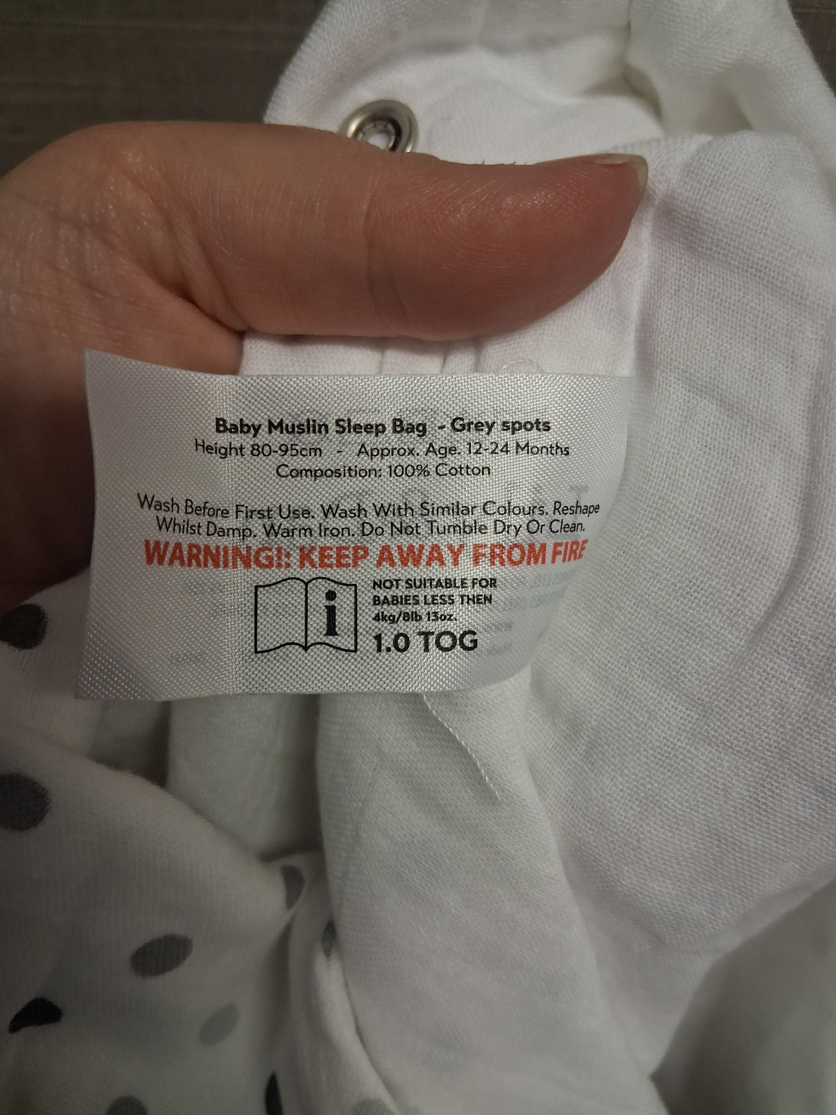 Lily & Dan Baby Muslin Sleep Bag 1.0 Tog Grey Spots Age 12-24 Months Unisex