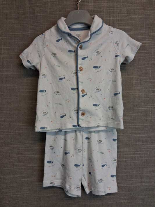 F&F Boy Pyjamas PJs 2 Piece Short Set Age 6-9 Months Sealife Print
