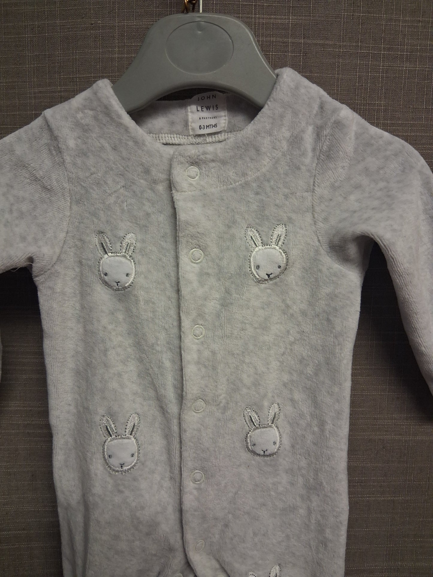 John Lewis Unisex Grey Velour Bunny Sleepsuit Romper Age 0-3 Months