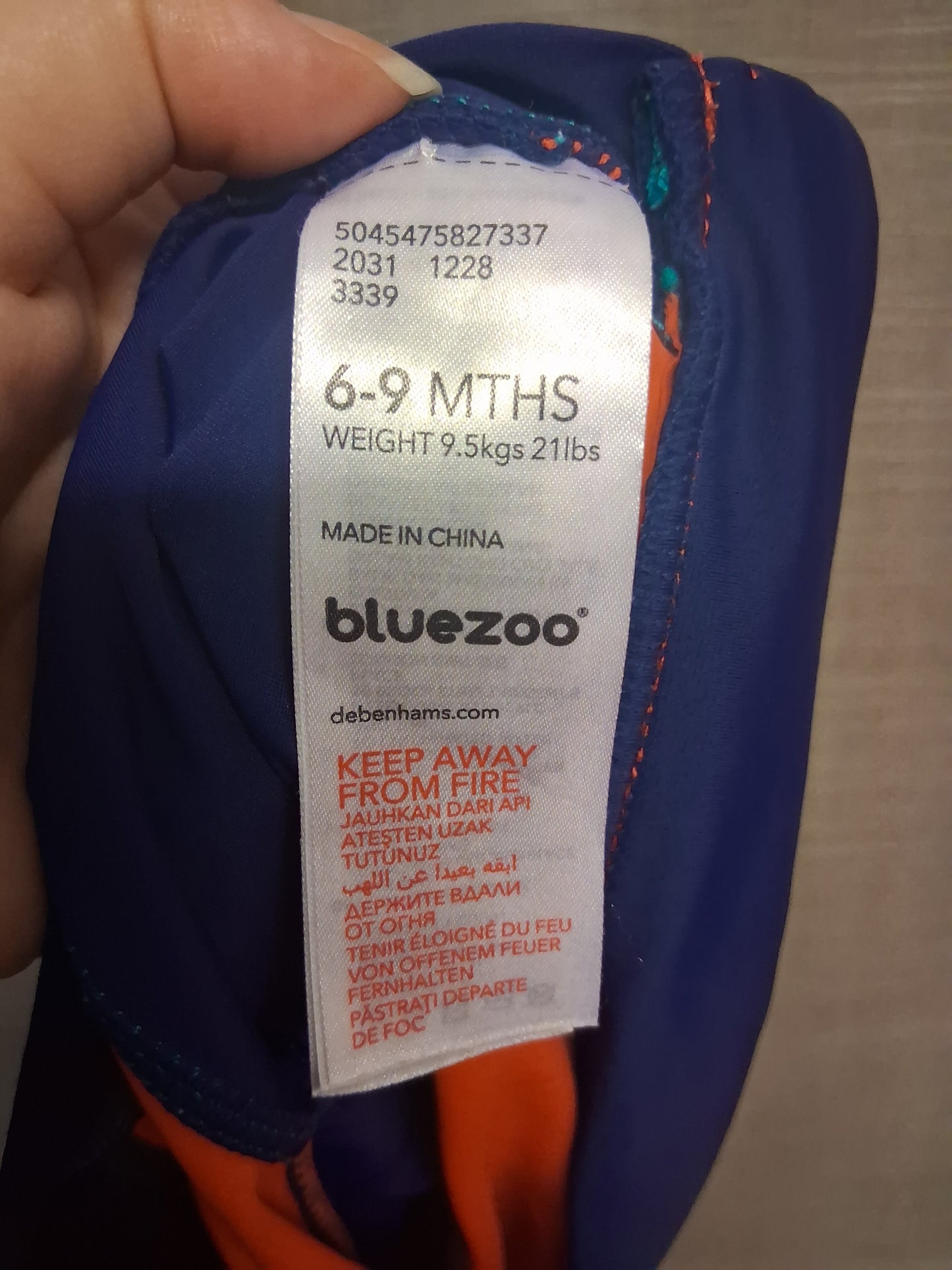 Blue Zoo Boys UV Swimsuit One Piece Age 6-9 Months Dinosaur