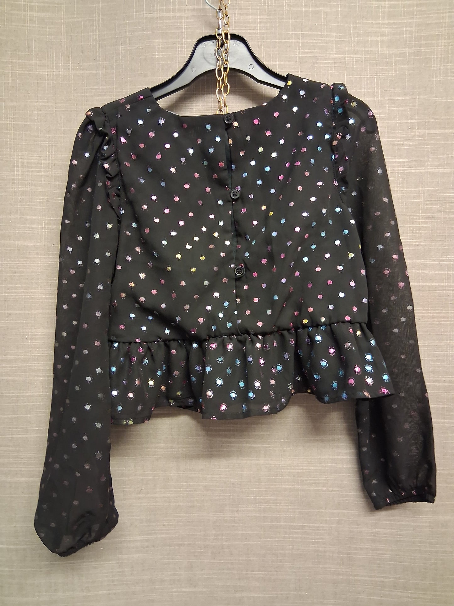Primark Girls Black Metallic Multicolour Spotty Sheer Long Sleeve Peplum Blouse Top Age 8-9 Years